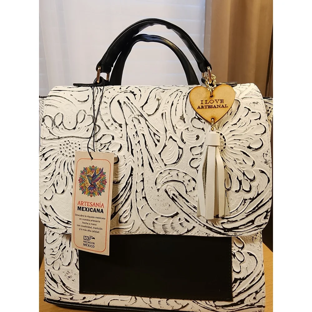 LEATHER White & Black BACKPACK Embossed Tooled Artisan Shoulder Bag Purse Hobo